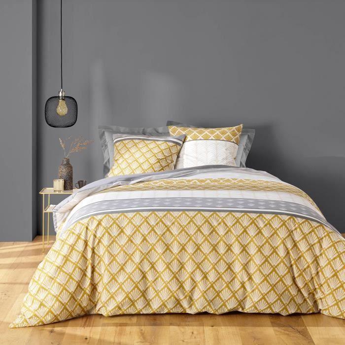 Housse Couette + 2 Taies Polycoton 220 X 240 Cm Strie Ocre