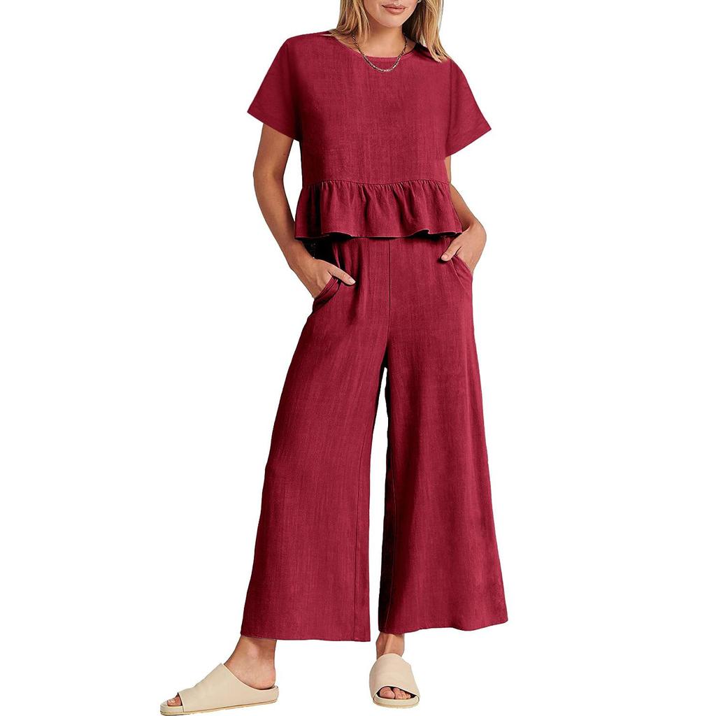 Pants Sets Women 2 Piece Outfits Sleeveless Round Neck Tank Tops Matching Sets for Women Elastic Waist Wide Leg