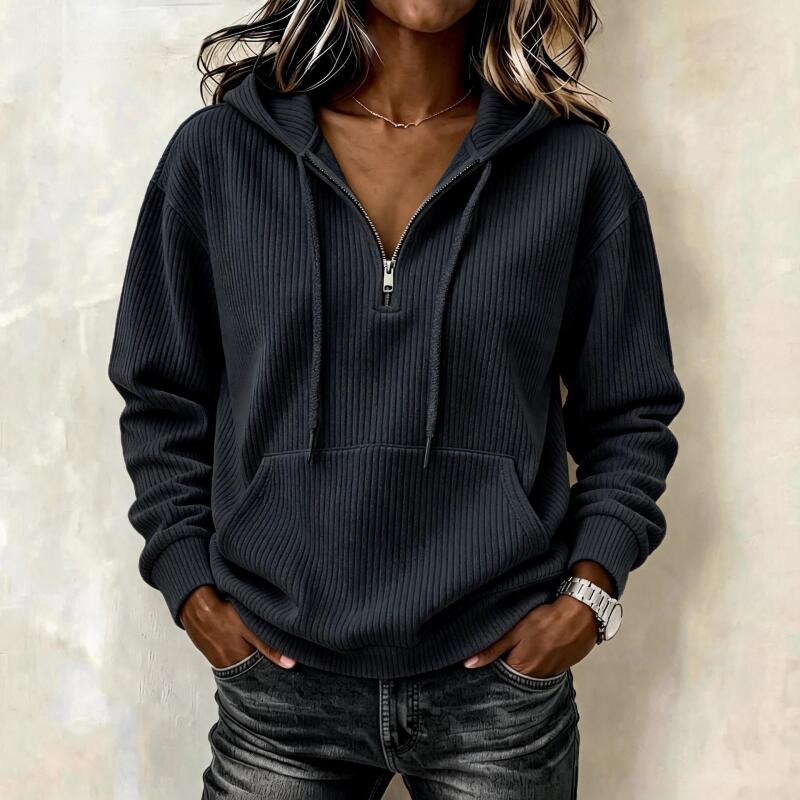 Women Corduroy Half Zip Hoodie Loose Long Sleeve Drawstring Hooded Sweatshirt with Kangaroo Pocket Casual Daily Top L