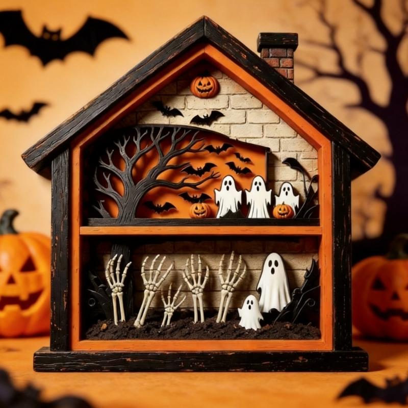 Ghostly Table Signs Halloween Table Centerpieces Tiered Tray Decors Wooden Halloween House Scene Accent for Shelf Use, Standing Indoor Display Piece