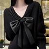 New 2024 Arctic Velvet V-neck Bow Knit Sweater - Soft, Comfortable Acrylic Nylon Top