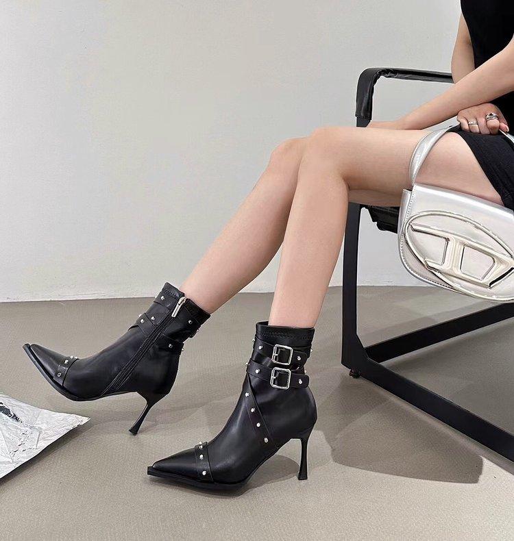 

Super High Heel Women s Boots Sexy Pointed Toe High Heel Boots Mid-Calf Booties Women Knee High Boot Rivets Knight Boots 35 чёрный