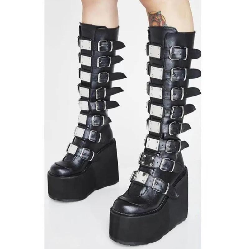 Übergröße 43 Design Plateau Dicke Ferse Mid-Calf Stiefel Damen Punk Cool Gothic Schwarz Schnalle Schuhe Frau Hohe Stiefel Damenstiefel