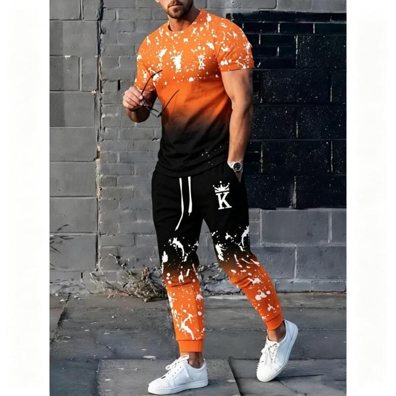 Men's Polyester Sportswear | Elegant Casual Round Neck | Slightly Stretchy Knit with 3D Print Crown Pattern Short Sleeve T-Shirt and Pants
