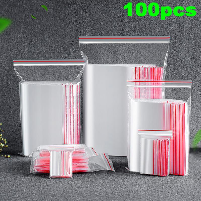 100pcs/pack Resealable Ziplock Bag Self Seal Clear Food Storage Bag Package Zip Lock Plastic Bag Reclosable Fresh Bag Organizer