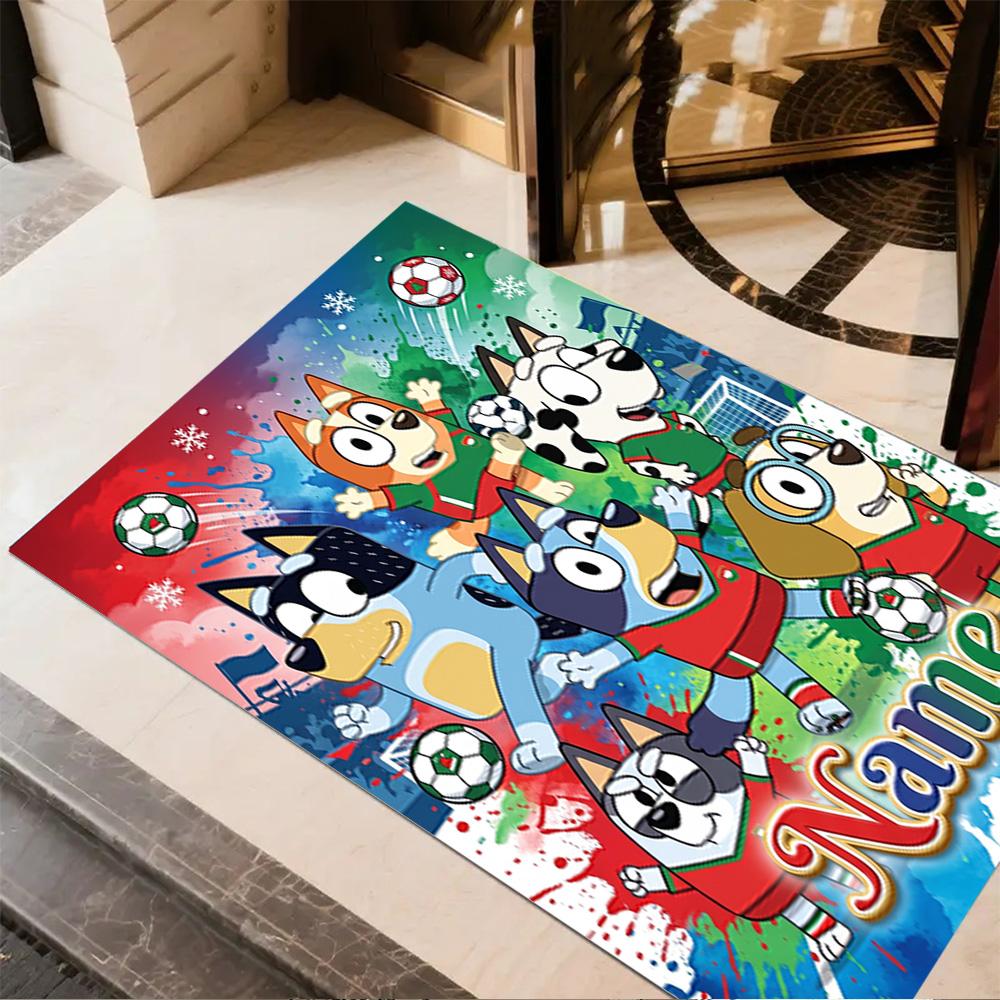 Bluey's Soccer Fun Customized Name Floor Mat Perfect for Study room Foyer Decorate room Playrooms Anti-slip Rug Decorate Offices