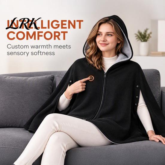 Beheizte Loungewear für Zuhause USB-Schal-Decke mit Kapuze, 3-stufig verstellbarer warmer Poncho, Tragbare Thermowickel für Damen, Reißverschluss vorne, Fleece, Büro