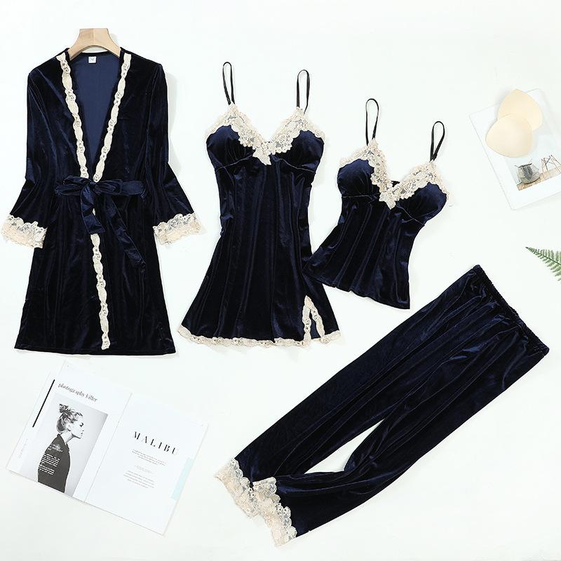 

Бархатная женская пижама, комплект из четырех предметов, сексуальный халат с кружевной отделкой, брючные костюмы, осенне-зимняя велюровая домашняя одежда, одежда для отдыха 2XL