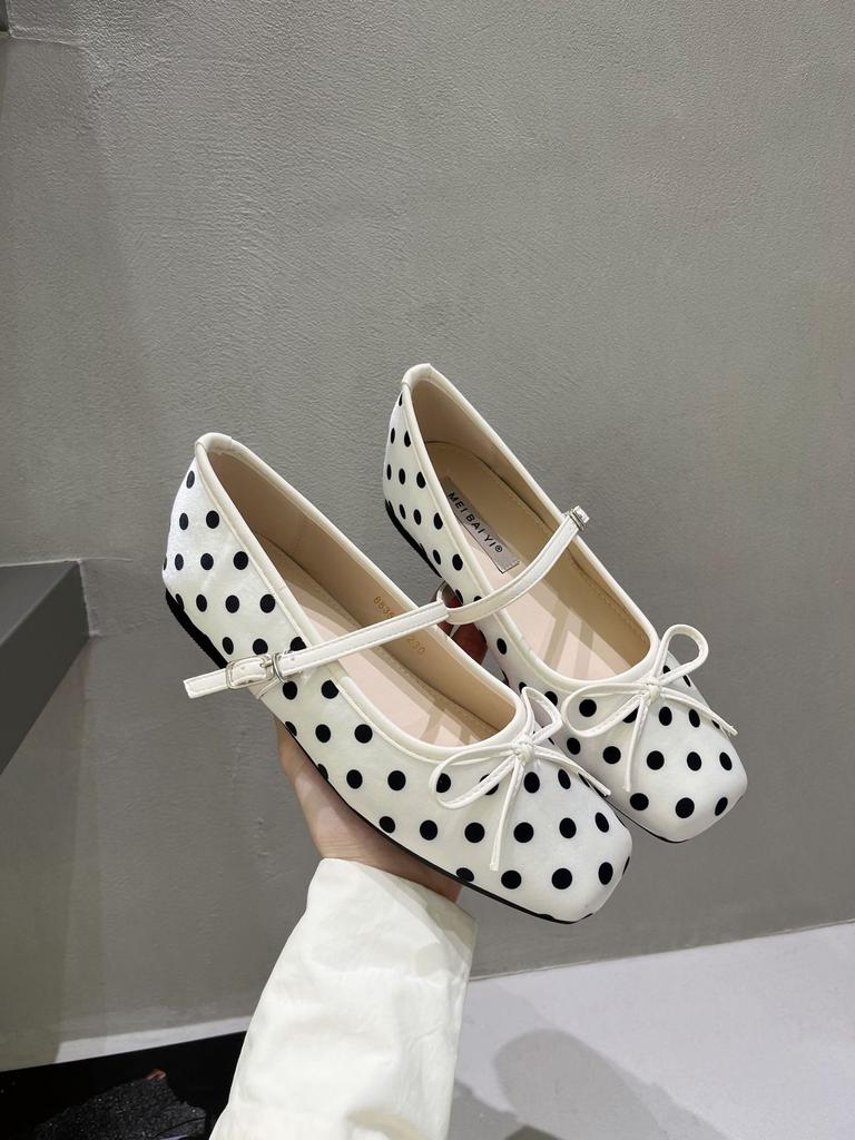 French Retro Polka Dot Small Single Shoes Square Head Mary Jane Shoes Summer Women'S Word With Flat Shoes