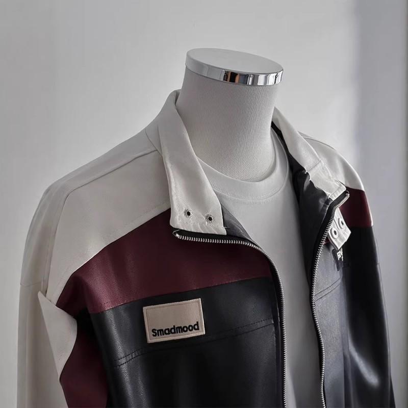 Mens Retro Color Block PU Leather Jacket Stand Collar Casual Fall Outerwear