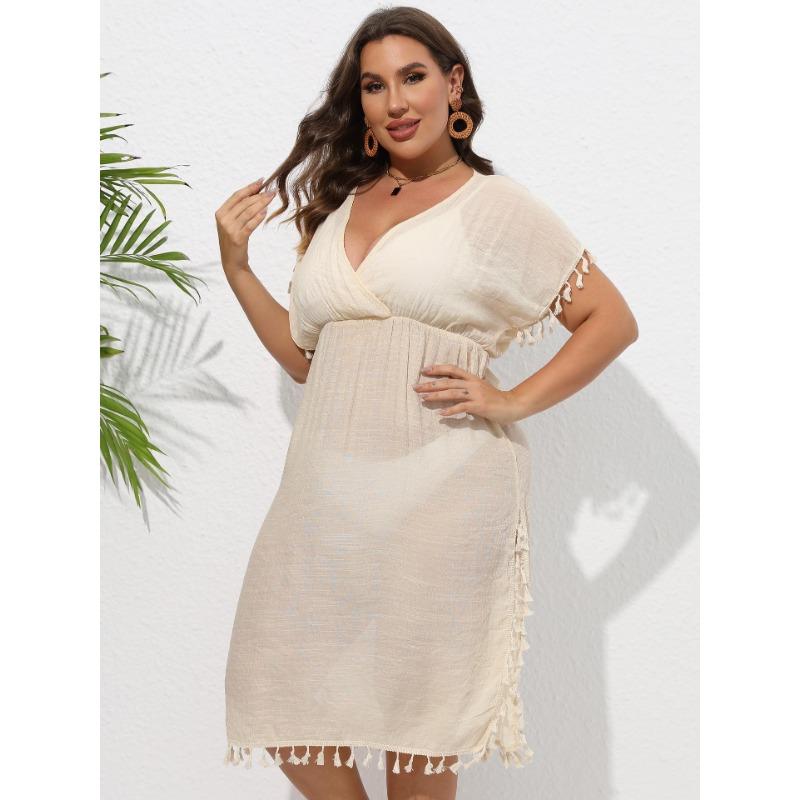 

Женское пляжное платье больших размеров, праздничное бикини, накидка, платья с глубоким V-образным вырезом на талии и кисточками 3XL абрикосовый