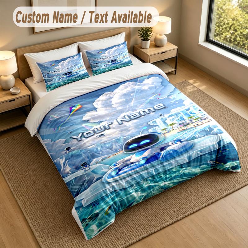 Custom Name Text Bedding 3Pcs Set,Astro Bot 1 Duvet Cover 2 Pillowcases Soft Bed Linen For Gift