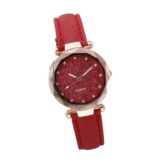 Women Casual Watch Rhinestone Round Dial Faux Leather Strap Ladies Business Formal Dress Quartz Wristwatch Fashion Jewelry Accessory Birthday Gift