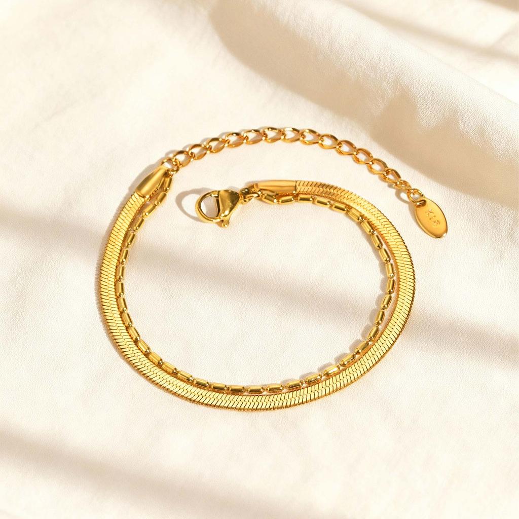 Dainty Bamboo Chain Flat Snake Chain Bracelet for Women,Gold Color Stainless Steel Double Layer Bracelets,Fashion Jewelry Gift