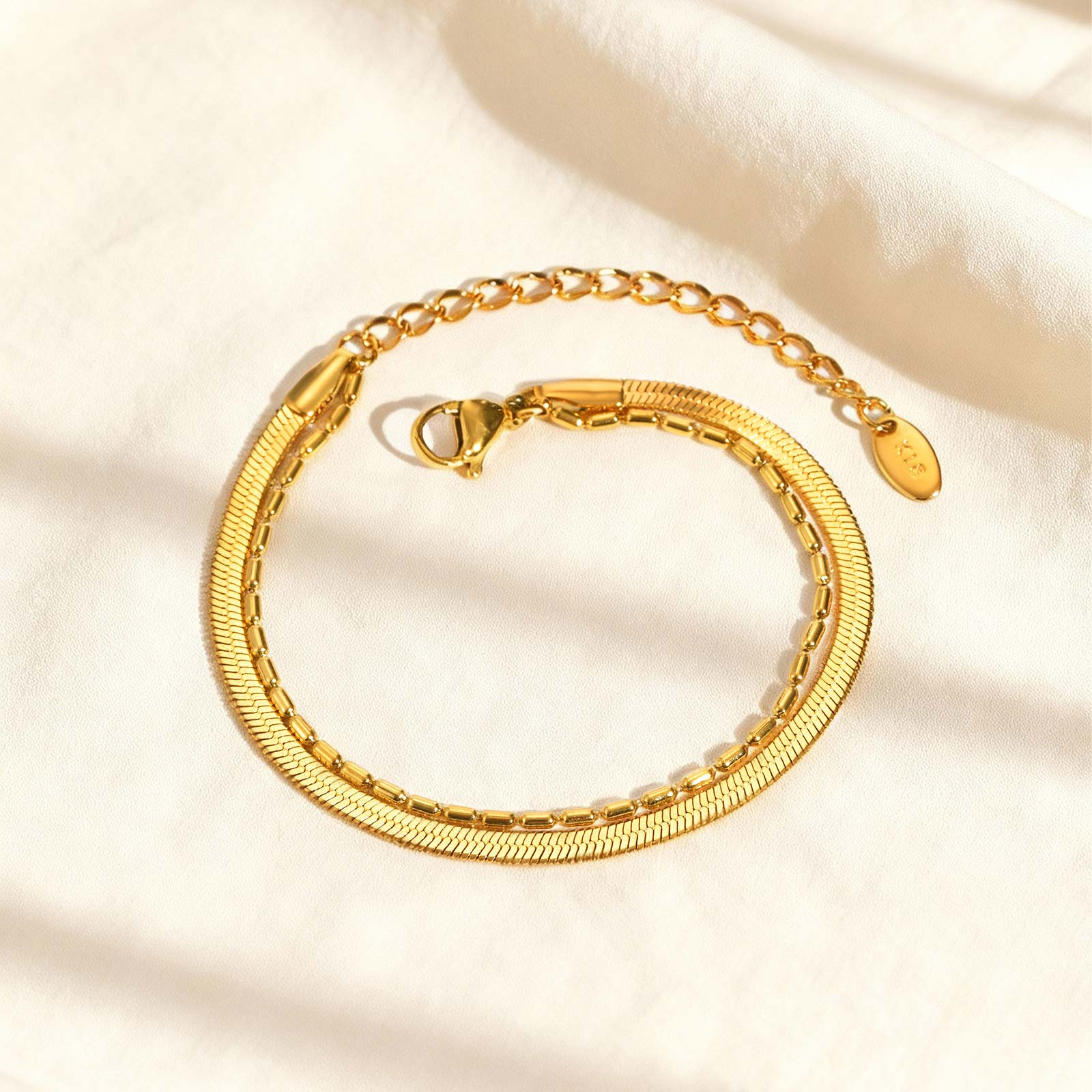 Dainty Bamboo Chain Flat Snake Chain Bracelet for Women,Gold Color Stainless Steel Double Layer Bracelets,Fashion Jewelry Gift
