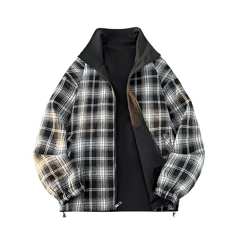 Men's Zipper Pocket Plaid Stripe Contrast Long Sleeve Turtleneck Cardigan Fashion Top