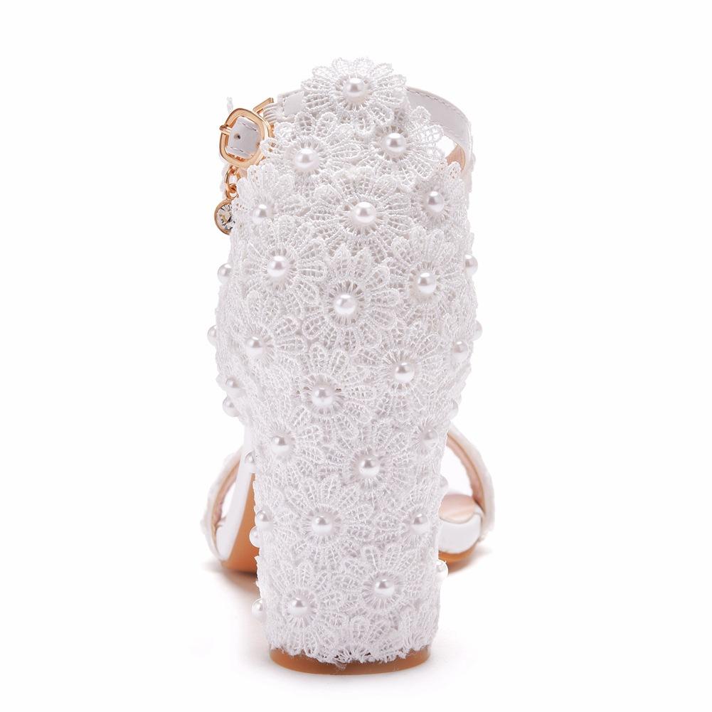 9cm light single line Beaded square heel sandals, White Lace Beaded Bridal Shoes, women's thick heel Bridesmaid shoes