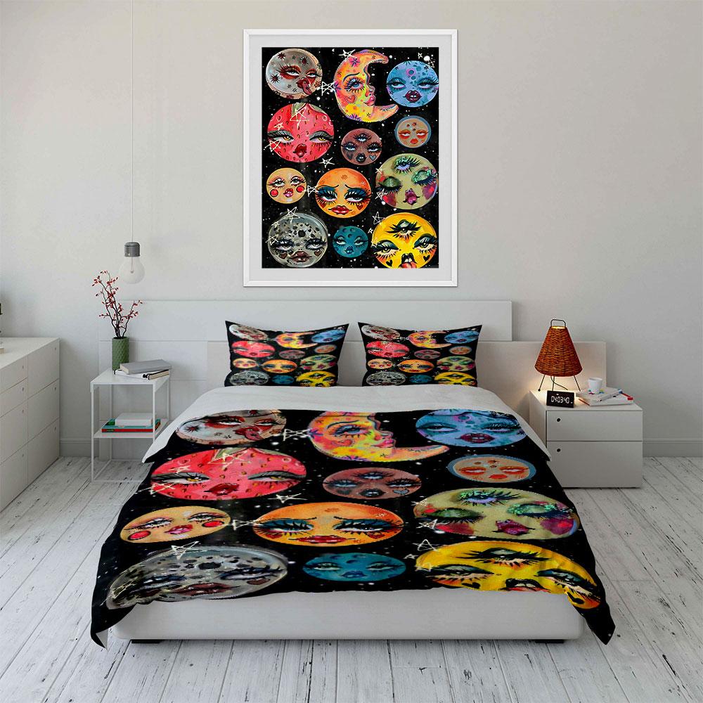 Colorful moons with faces. Bedding sets Duvet cover sets Duvet covers Pillowcases(1 * Duvet Cover 2 * Pillowcases without duvet insert)