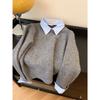 WTEMPO Fake Two-pieces Turn-down Shirt Sweater Women's Autumn Winter Contrast Color Lapel Gray Sweater Top
