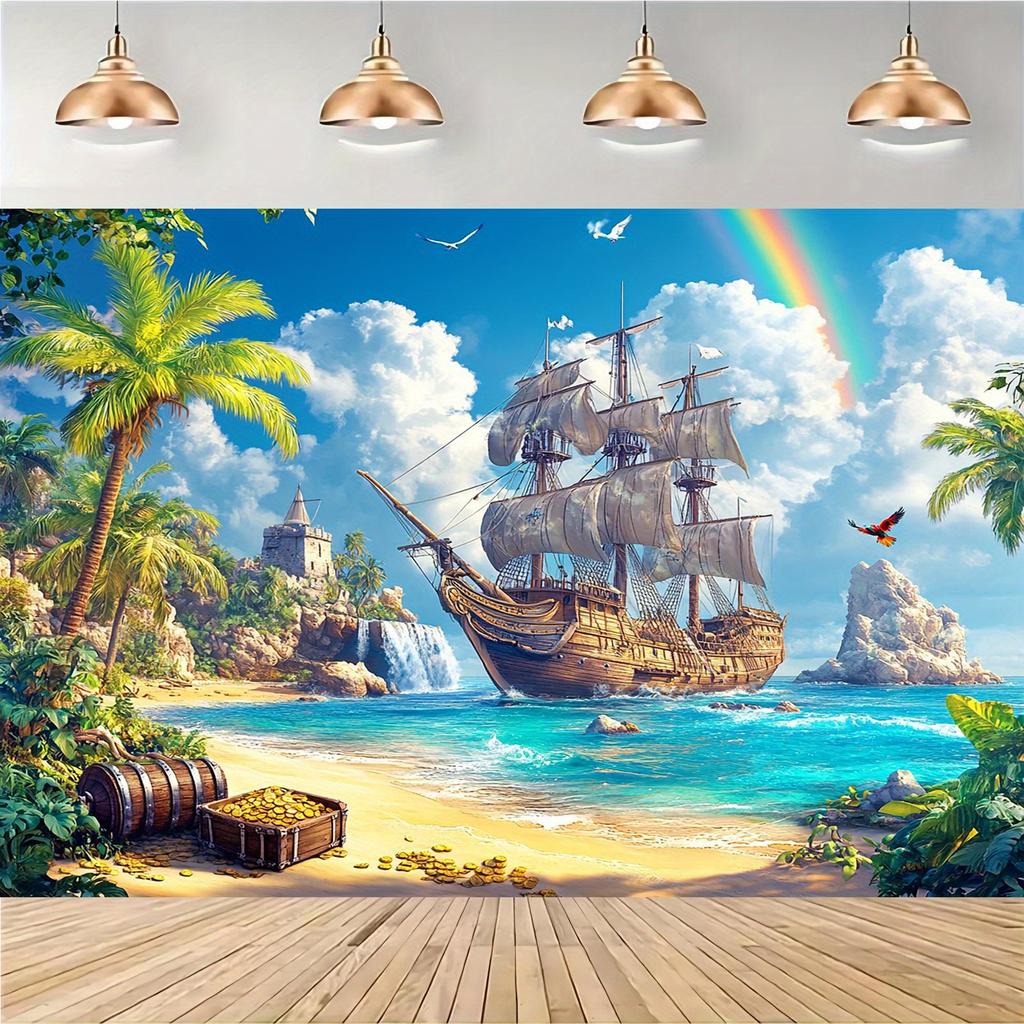 2D Planar Diagram, 2D Planar Banner, 1 Piece of Pirate Treasure Tropical Beach Party Background Decoration Item