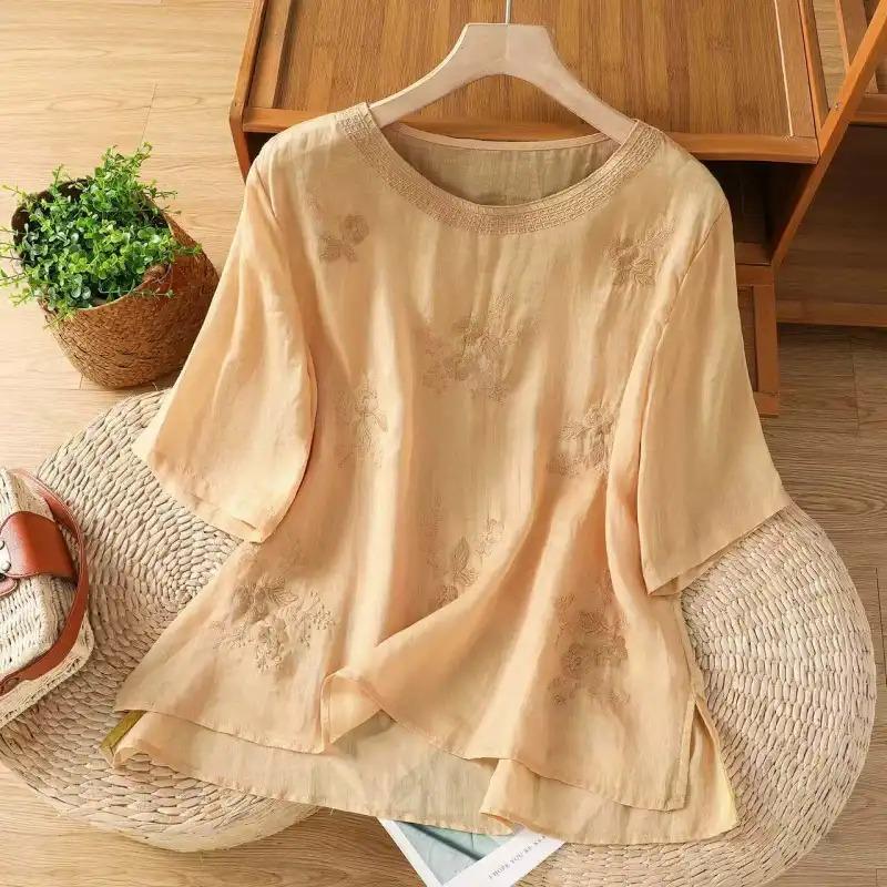 Retro Embroidered Floral Cotton and Linen Mid-sleeve T-shirt for Women Summer Thin Loose Versatile Casual Round Neck Shirt Top for Women