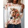 Damen T-Shirt Druck Floral Grafik Tier Mode Klassisch Lässig Langarm Rundhals Reguläre Oberteile Lässig Täglich Wochenende