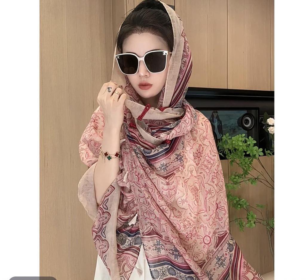 Women's Retro Ethnic Silk Scarf with Frog Button Shawl for Sun Protection