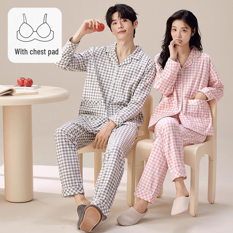 Couple's Korean Style Cotton Pajama Set with Long Sleeve Lapel Cardigan and Chest Pads for Plus Size Women and Men – Autumn/Winter Homewear.