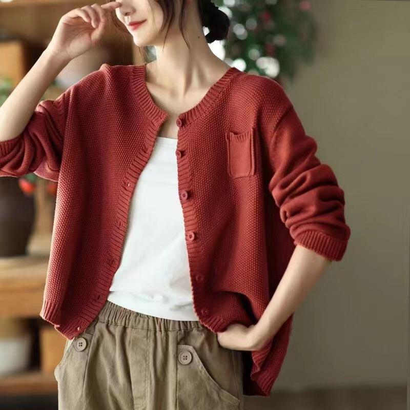 Autumn and Winter Solid Color Round Neck Sweater Jacket Fashionable and Casual Knitted Cardigan
