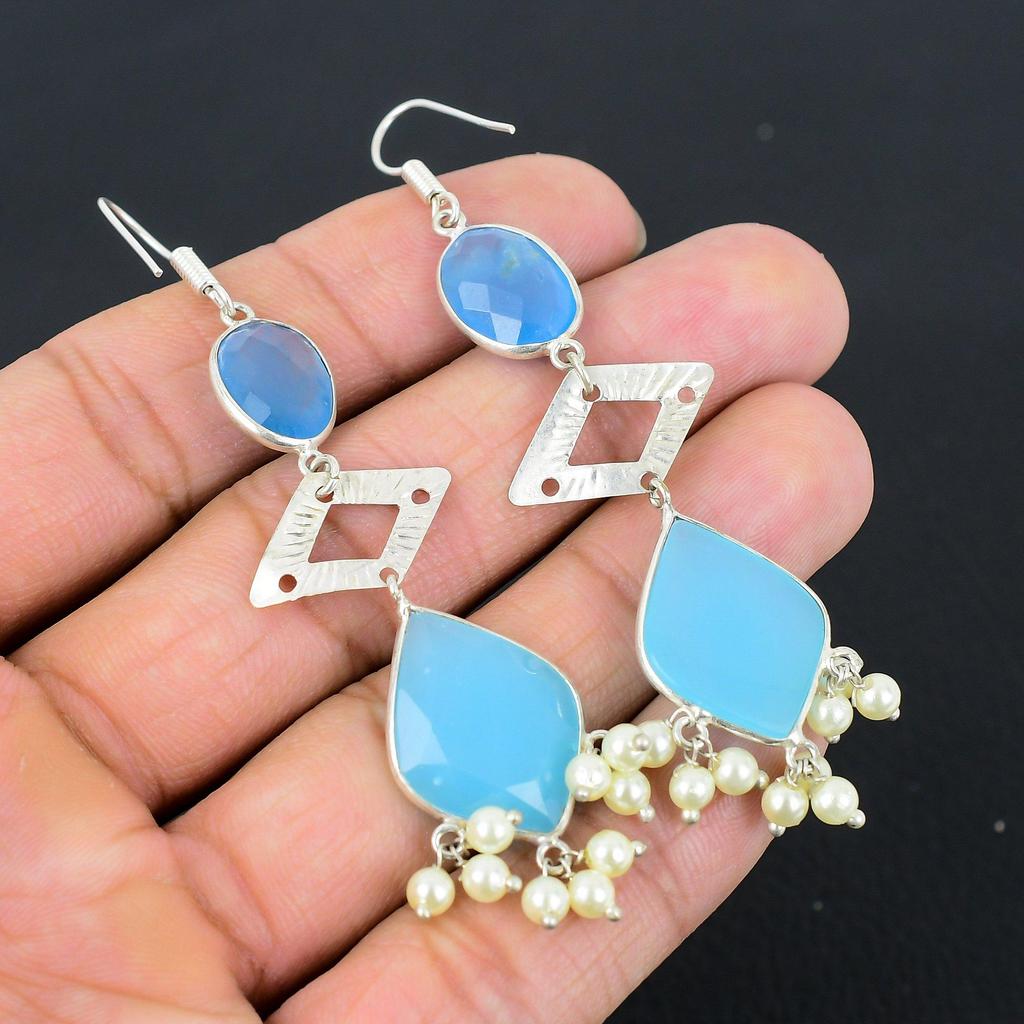 Birthday Gift For Her Natural Aqua Chalcedony Drop/Dangle Earrings 925 Silver