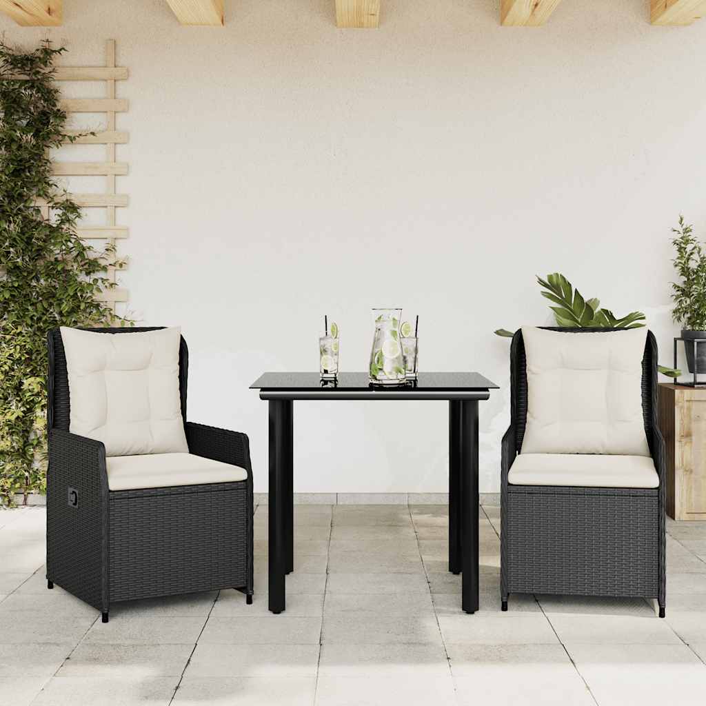 Vidaxl 3-Cz. Garden Furniture Set With Cushions, Black, PE Rattan