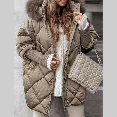 Women's Fur Collar Hooded Diamond Grid Knitted Sleeve Winter Jacket