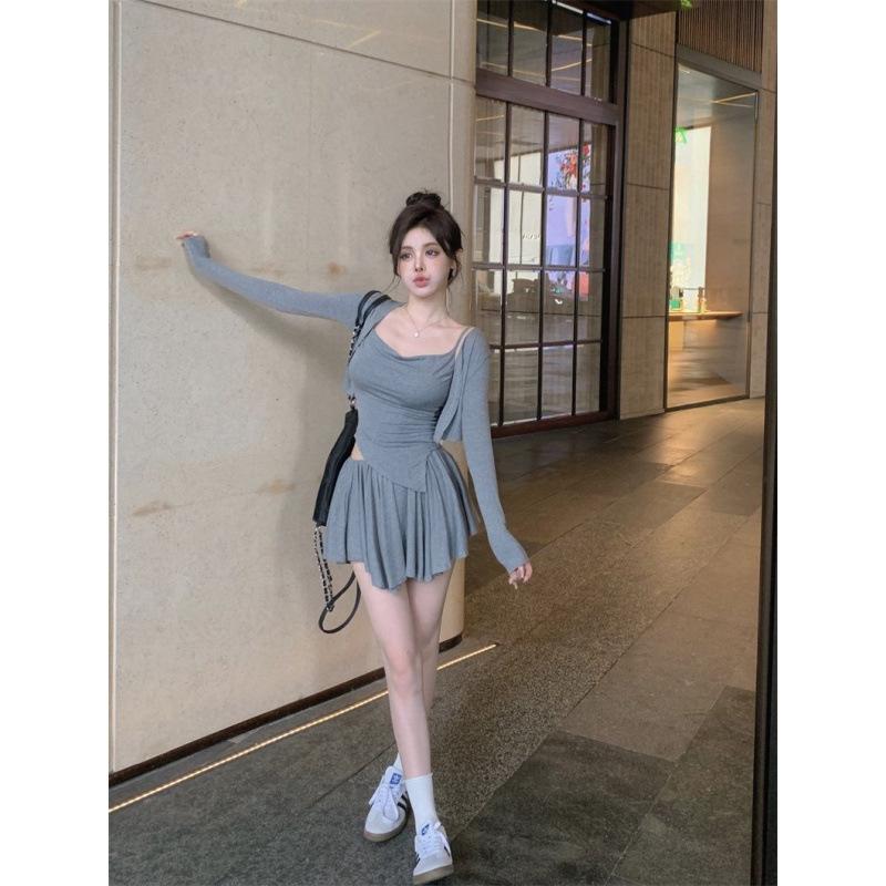 Pure Desire Style Spice Girl Suit Women's Spring Summer New Fried Street Slim and Thin Irregular Suspender Skirt Three-piece Set