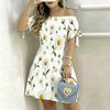Women Plus Size Off Shoulder Short Sleeve Tie Cuff Printed White Blue Floral A Line Dress