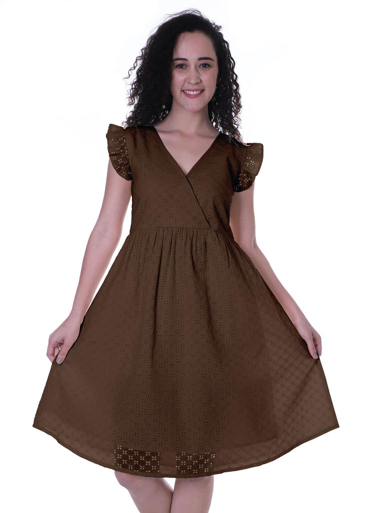 Moomaya Schiffli Dress Frill Sleeve W  V-neck Casual Relaxed Summer Garden