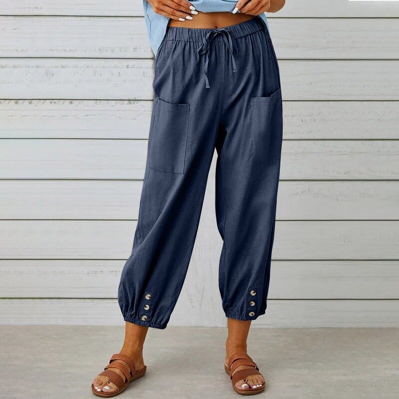 2025 New European and American Cross-Border Amazon Wish Loose High-Waisted Buttoned Cotton-Linen Cropped Wide-Leg Women's Pants