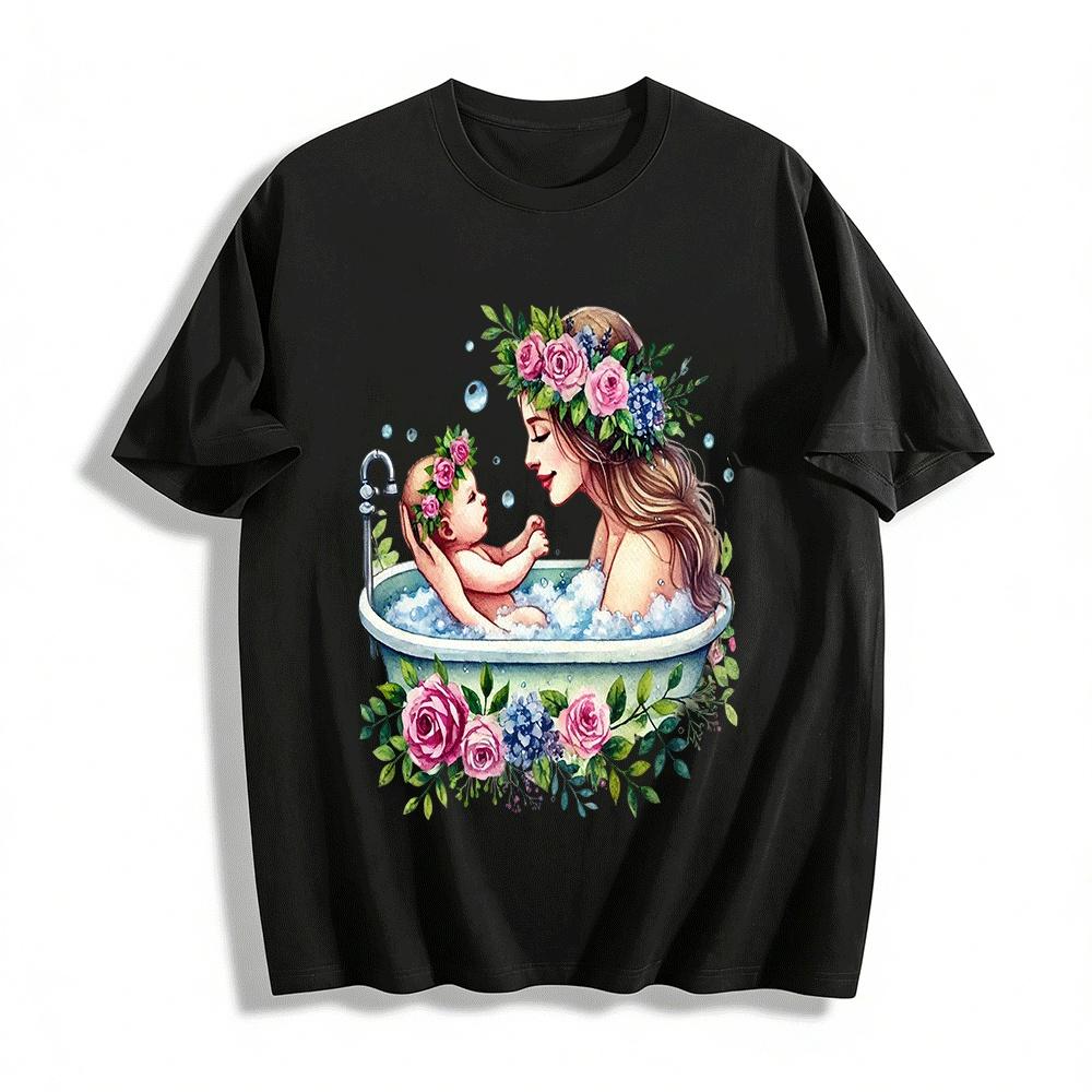 Floral Mother Baby Bath Print Casual Adult T-Shirt Pure cotton T-shirt XXS