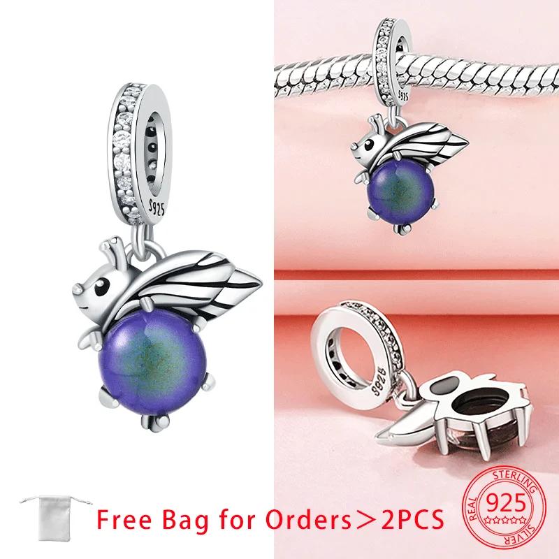 Original Copper Luminous Firefly Purple Zircon Firefly Heart-Love Charms Beads Pendant Fit Bracelet For Women Diy Gift