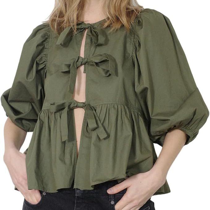 Jarní trička s O výstřihem s kontrastní mašlí na šněrování pro ženy Volná dlouhá halenka s lucernovými rukávy