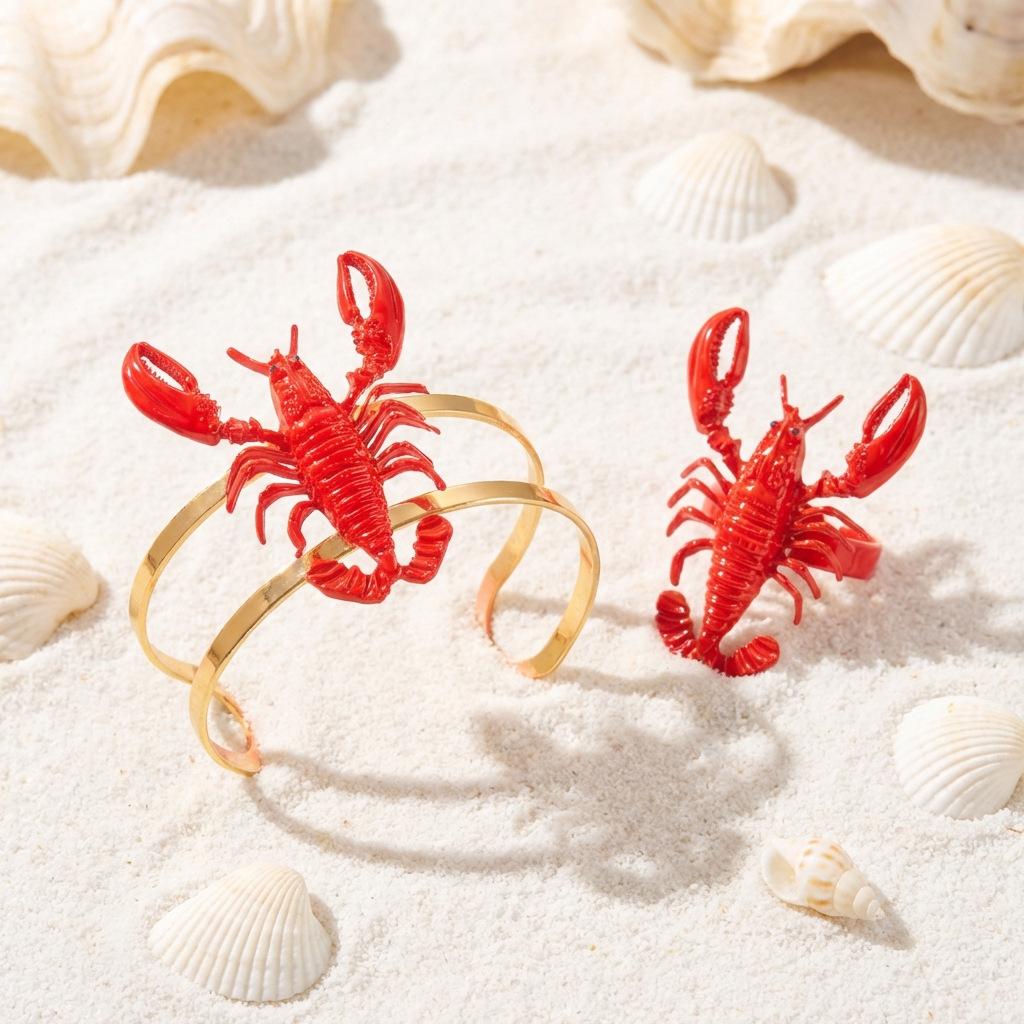 Creative New Exaggerated Lobster Bracelet and Ring Set, Seaside Vacation Style Imitation Pattern Jewelry