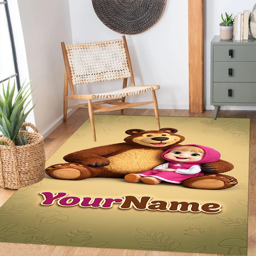 Masha Bear Customized Name Floor Rug Office Rug Perfect for Decorate Room Foyer Playrooms Dormitory Anti-slip Rug Decorate Offices