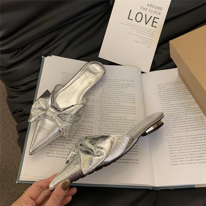 Fashion New Bowtie Mule Shoes Women Fashion Pointed Toe Stripe Wave Slip-on Sandals Ladies Luxury Satin Silk Outdoor Flat Slippers