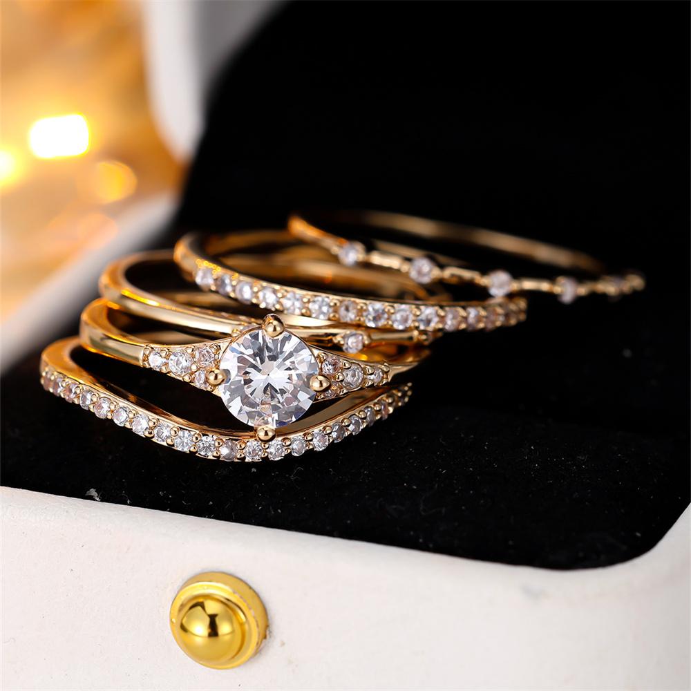 Round Stone White Zircon Engagement Ring Sets For Women 5pcs/Set Luxury Crystal Vintage Gold Color Wedding Jewelry Bridal Gifts