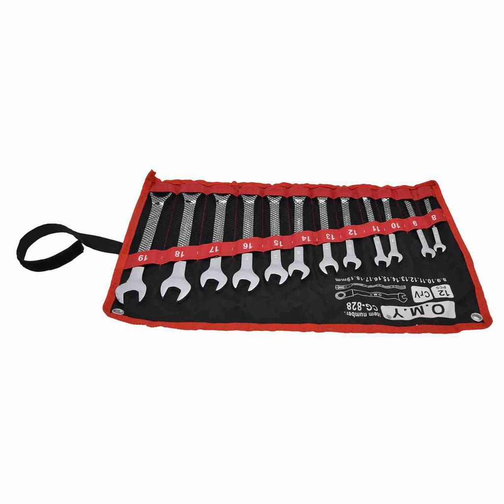 12Pcs Ratchet Wrench Set Kit Metric Combination Chrome Vanadium Steel 8‑19mm with Storage BagFixed Head