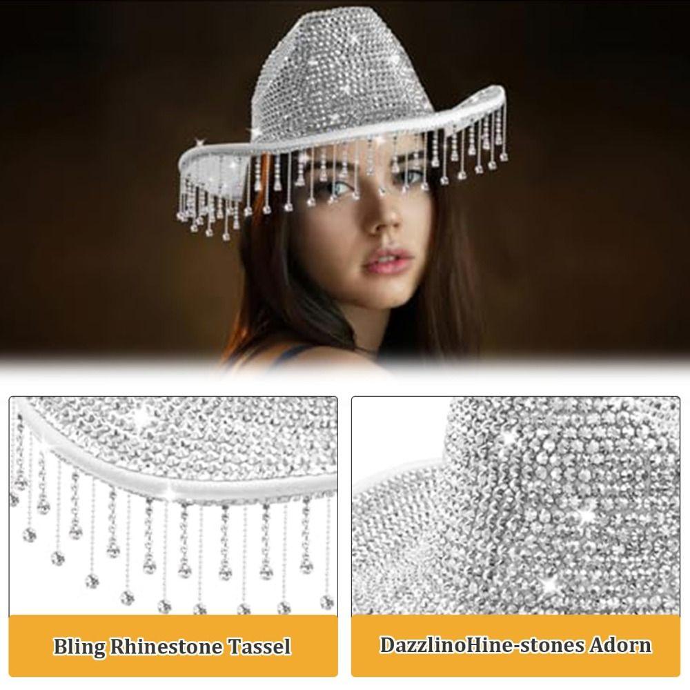 Adjustable Strap Rhinestone Cowgirl Hat Sun Protection Silver Cowboy Hat Bride Cowgirl Hat  Wedding