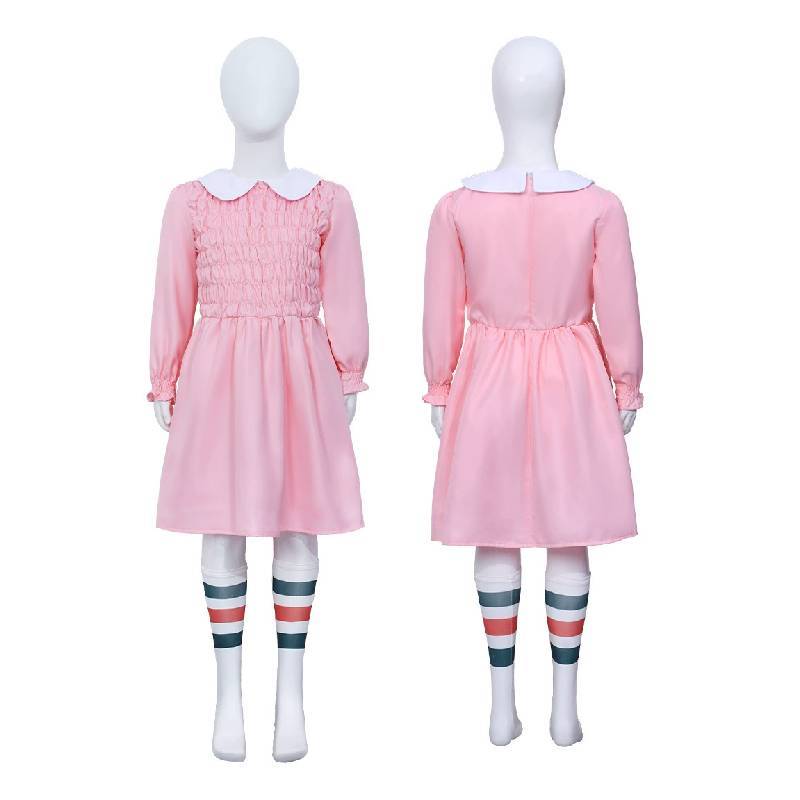 Stranger Things Eleven Cosplay Pink Dress With Polyester Fabric For Kids And Adults
