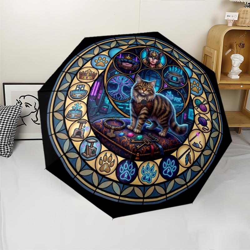 Cat Kingdom Mandala pattern umbrella, portable and foldable design, 8 ribs, a casual accessory for Halloween, Christmas, and birthday gifts.