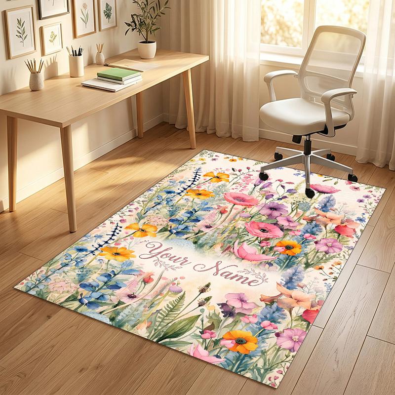 Blumen-Fantasy-Garten-Thema Weicher Kristall-Samt-Teppich Benutzerdefinierter Name & Textdruck Rutschfester Bodenläufer für Schlafzimmer Wohnzimmer