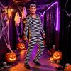 Prisoner Costume with Cuffs for Adult, Women Striped Mini Dress, Men Top Themed Party Costumes Pants, Halloween Dress-Up Jail Inmate Uniform