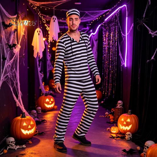 Prisoner Costume with Cuffs for Adult, Women Striped Mini Dress, Men Top Themed Party Costumes Pants, Halloween Dress-Up Jail Inmate Uniform